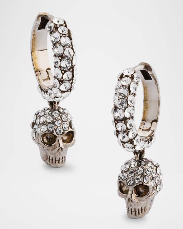 Pave Skull Hoop Earrings, Silver